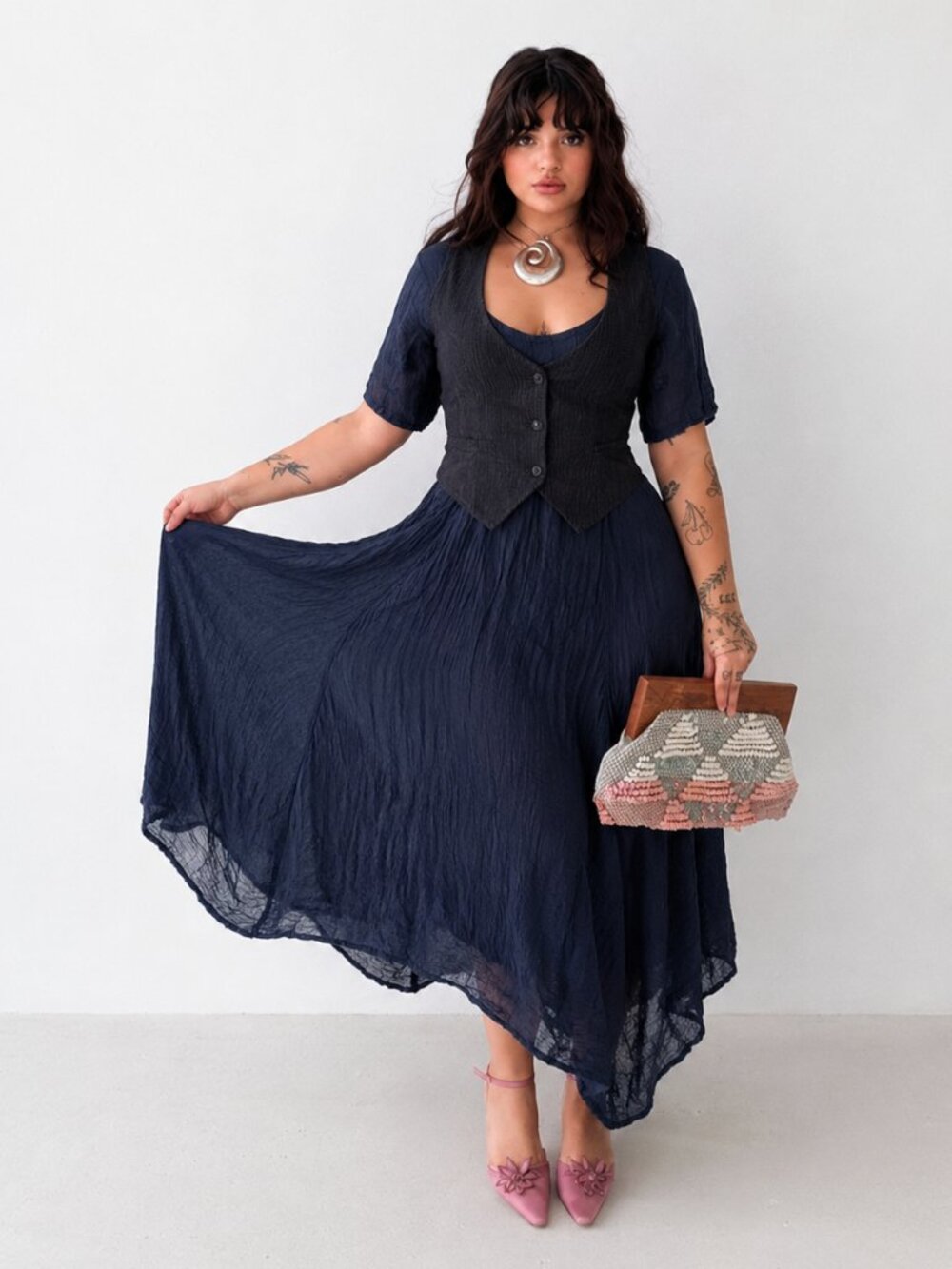 Asymmetrical Navy Midi Dress Size Large Lagenlook Boho (m)